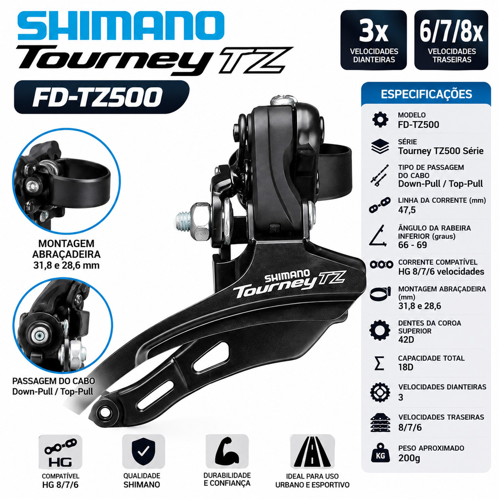 Cambio Dianteiro Bicicleta Original Shimano TZ500 Tourney Puxa Por Cima 42 Dentes 31.8mm 3 coroas 3v