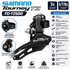 Cambio Dianteiro Bicicleta Original Shimano TZ500 Tourney Puxa Por Cima 42 Dentes 31.8mm 3 coroas 3v