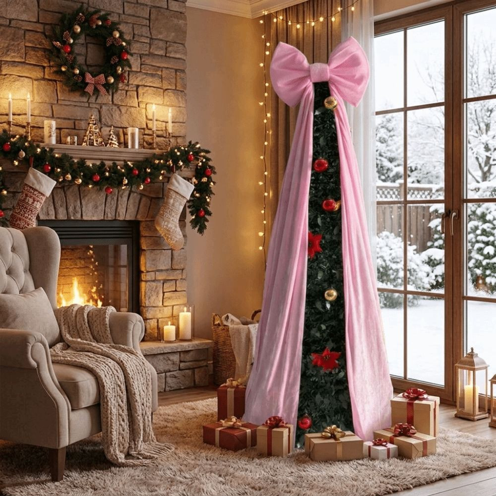 Laço Grande De Natal De Veludo TEVO , Serpentinas Longas , De Topper De Árvore Cor Sólida , Drapeado Macio