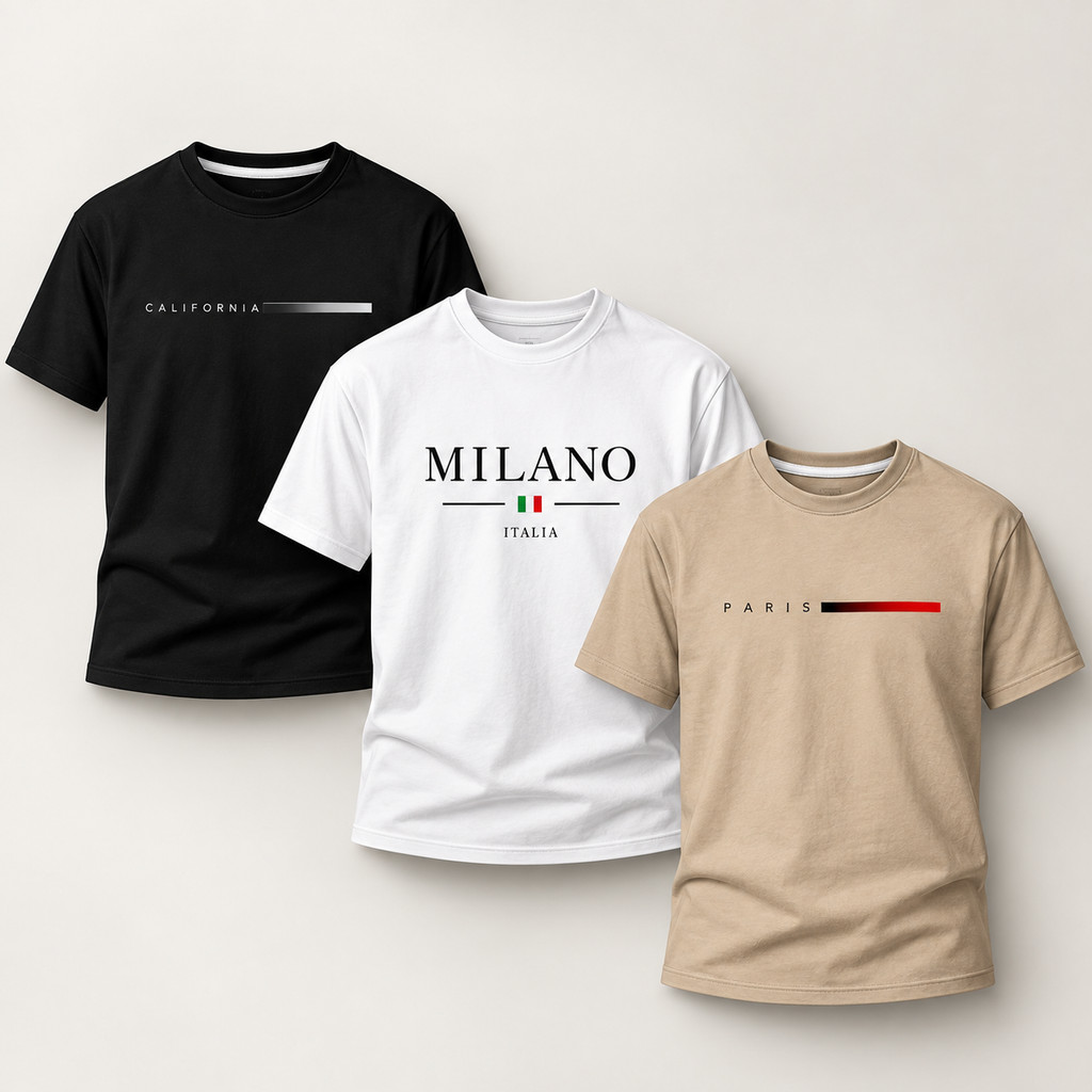 Kit 3 Camisetas Masculinas California Paris Milano 100% Algodão Estampadas Casual Streetwear Confortáveis