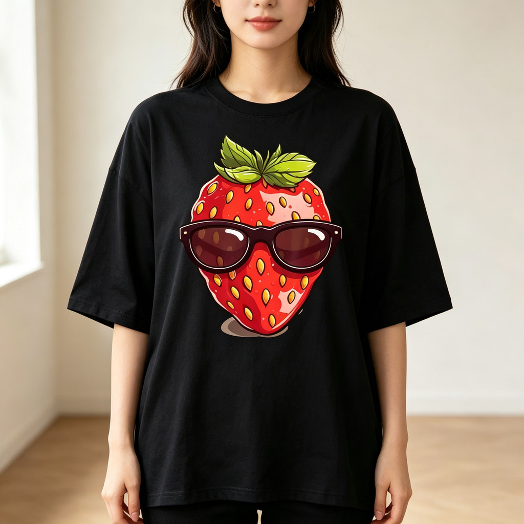 Camiseta Feminina Manga Curta Algodão Oversized Confortável Borda Redonda Estampa Morango Cartoon Divertido Óculos Sol