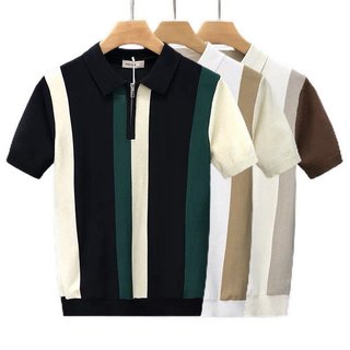 Camisa polo com gola, mangas curtas, tecido de malha, meio zíper, top com blocos de cor. SKD9
