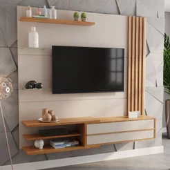 Painel Ripado para TV até 65 Polegadas MDF 180CMX160,8cm 1 Porta Basculante Zinder Bege Off White/Mel