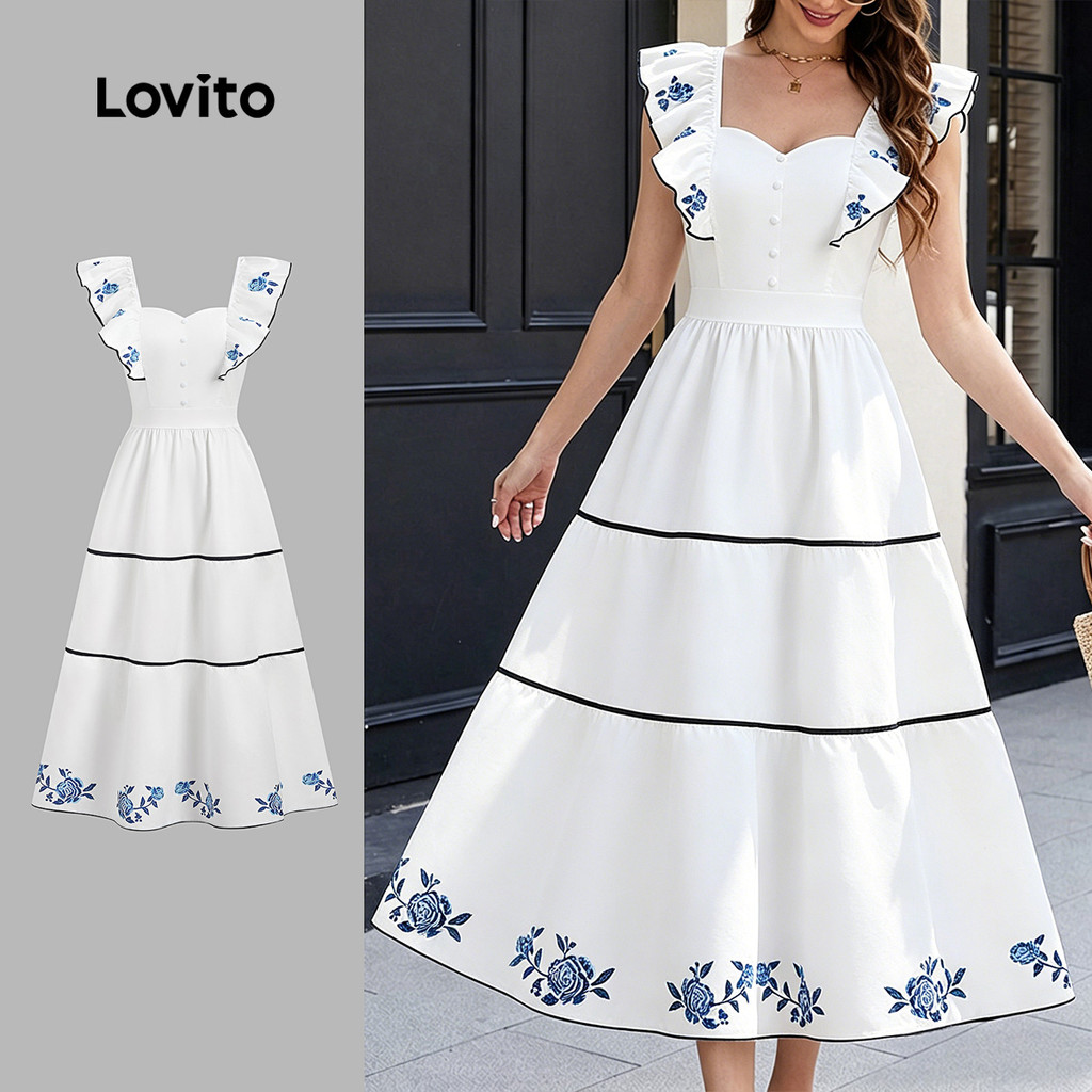 Lovito Vestido Boho com Zíper Branco Primavera/verão para Mulheres LK6LD257
