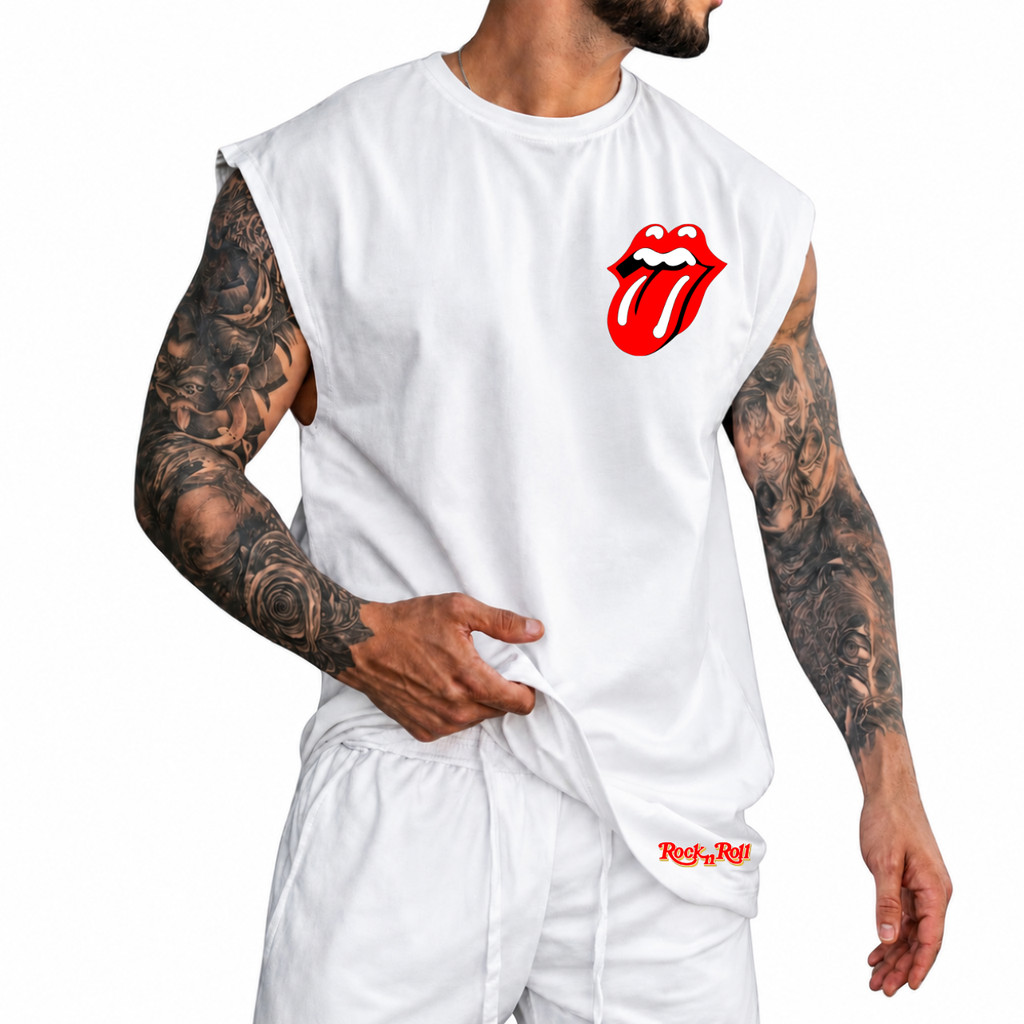 Regata Machão Rock in Roll Oversized 100% Algodão Camiseta Cavada Musculação Streetwear Academia