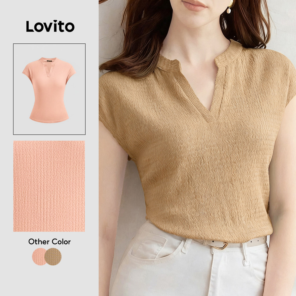 Lovito Casual Camiseta Simples Clássica e Versátil Lazer Primavera/verão Camiseta Caqui L155ED1690
