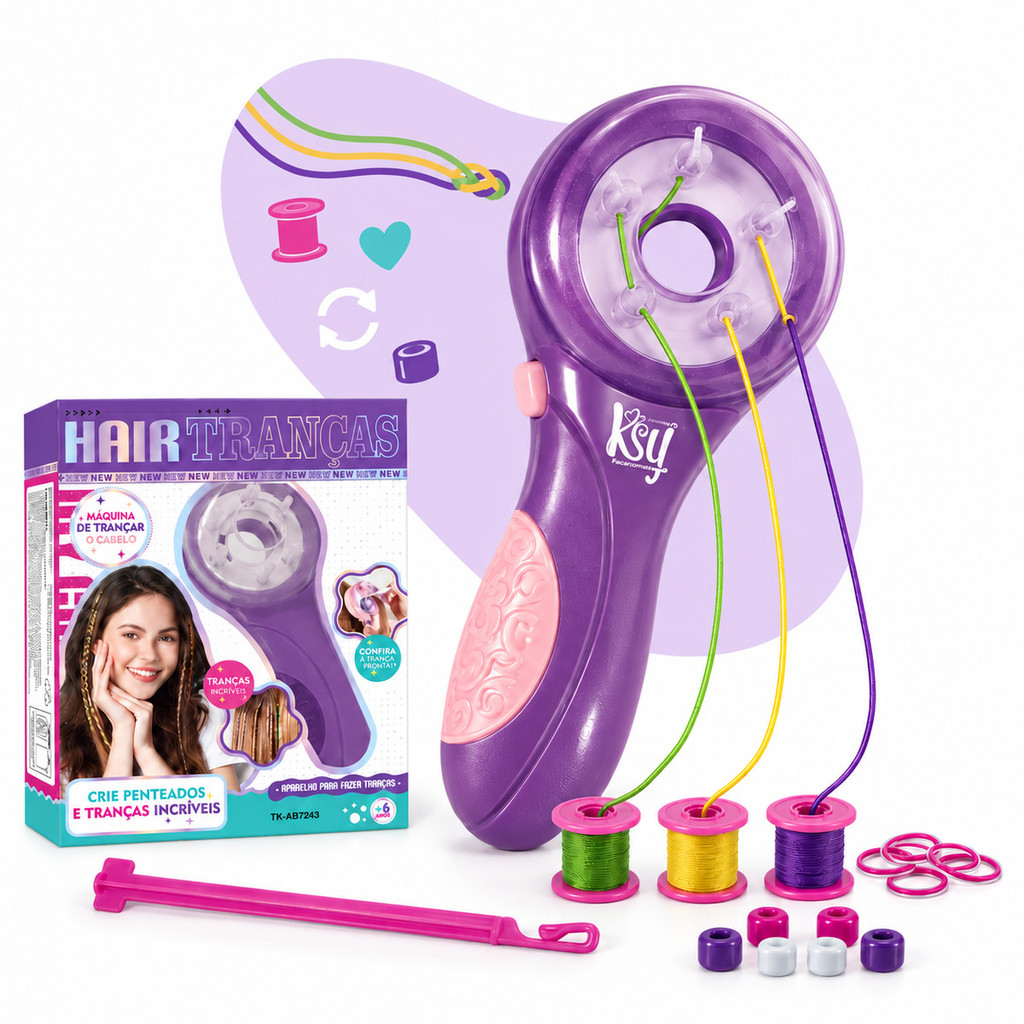 Máquina de Trançar Cabelo Infantil Kit Penteado Trança Trancinha Miçangas Elásticos Brinquedo Menina Kizumba — imagem 2 de 2