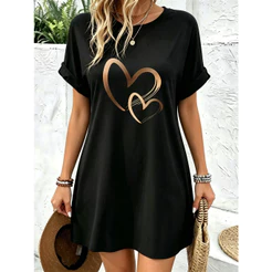 Vestido Camisetão Feminino Oversized Estampa Coração Duplo Gola Redonda Manga Curta Soltinho Lazer Passeio Verão
