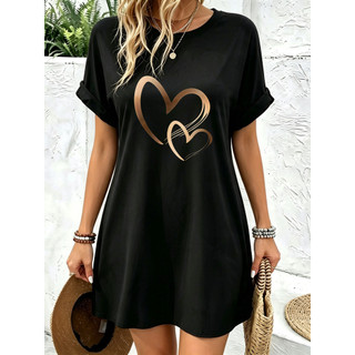 Vestido Camisetão Feminino Oversized Estampa Coração Duplo Gola Redonda Manga Curta Soltinho Lazer Passeio Verão