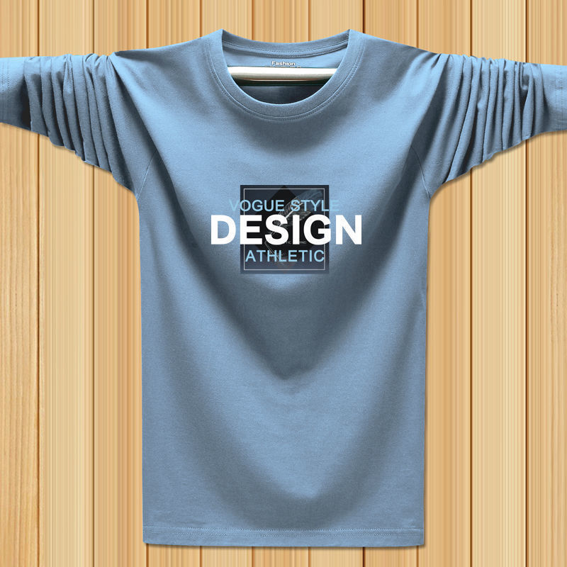 Camiseta masculina fosca azul estampada de manga comprida primavera outono fina Casual All-Match Top adequado para a pel