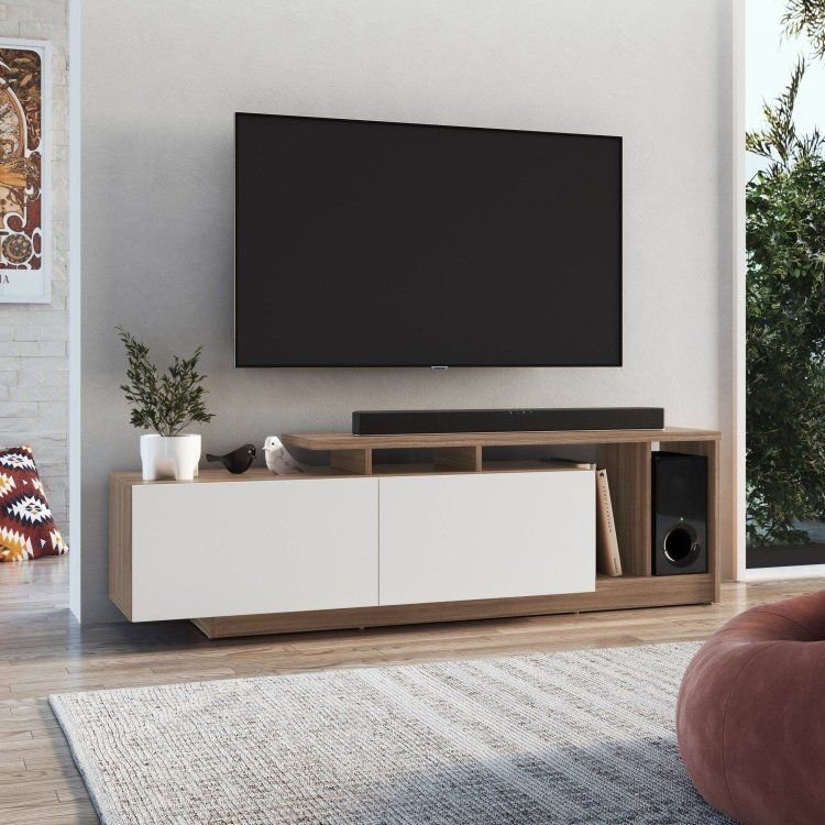 Rack para TV até 50 Polegadas 162,5cm Rodape 2 Portas e Nichos Linea Marrom Montana/Branco