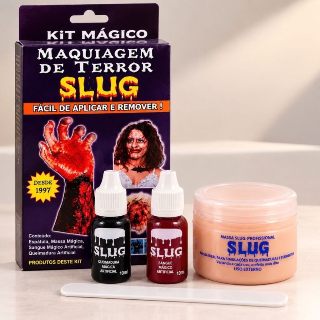 Kit Maquiagem de Terror de Halloween - 1 unidade - Slug | Sangue Falso Fake Queimadura Látex Artística Profissional
