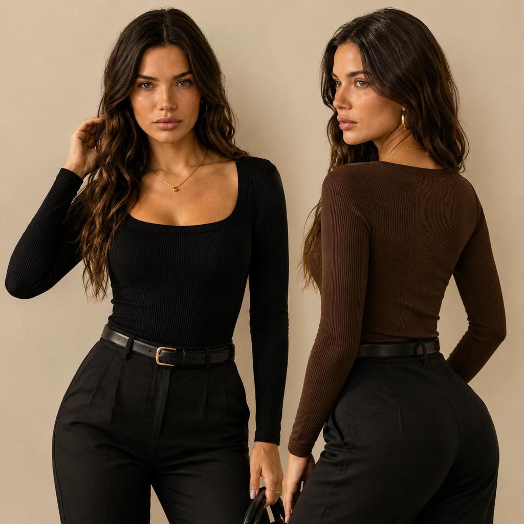Body Feminino Manga Longa Decote Quadrado Canelado Anarruga Básico Elegante