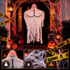 Kit Decoração Halloween Fantasma Caveira Grande com Sensor Som e LED Teia Aranha e Faixa 6m