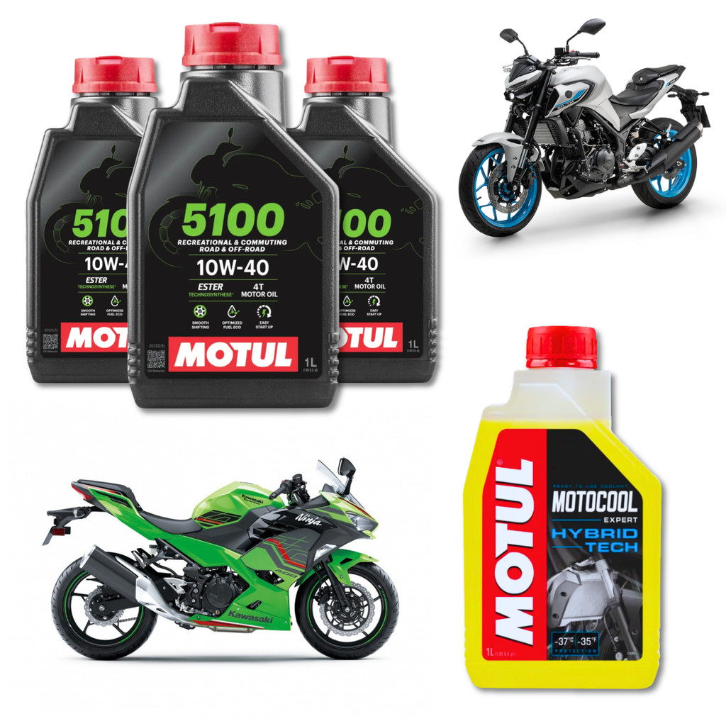 KIT TROCA DE OLEO MOTO 3X MOTUL 5100 10W40 + 1X MOTOCOOL ANTICONGELANTE YAMAHA MT03 R3