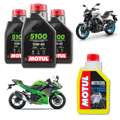 KIT TROCA DE OLEO MOTO 3X MOTUL 5100 10W40 + 1X MOTOCOOL ANTICONGELANTE YAMAHA MT03 R3