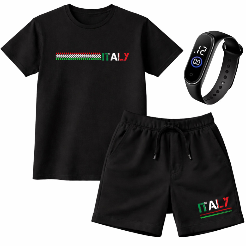 Kit Infantil Camiseta + Shorts Itália Estiloso com Relógio de Brinde | Conjunto Masculino Confortável Moda Infantil Tend