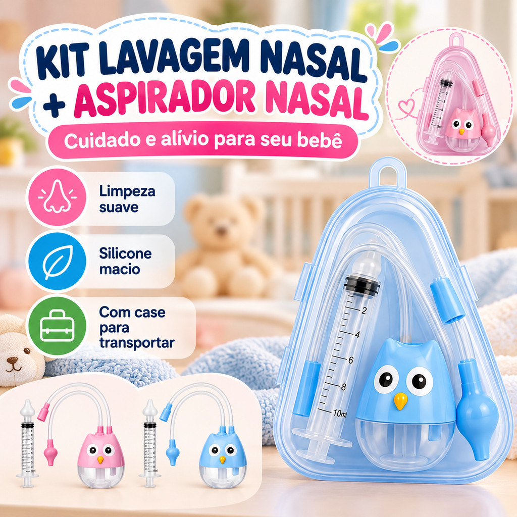 Kit Lavagem Nasal Bebê Seringa 10ml + Aspirador Nasal Infantil Silicone com Case BPA Free Reutilizável Higiene Nariz