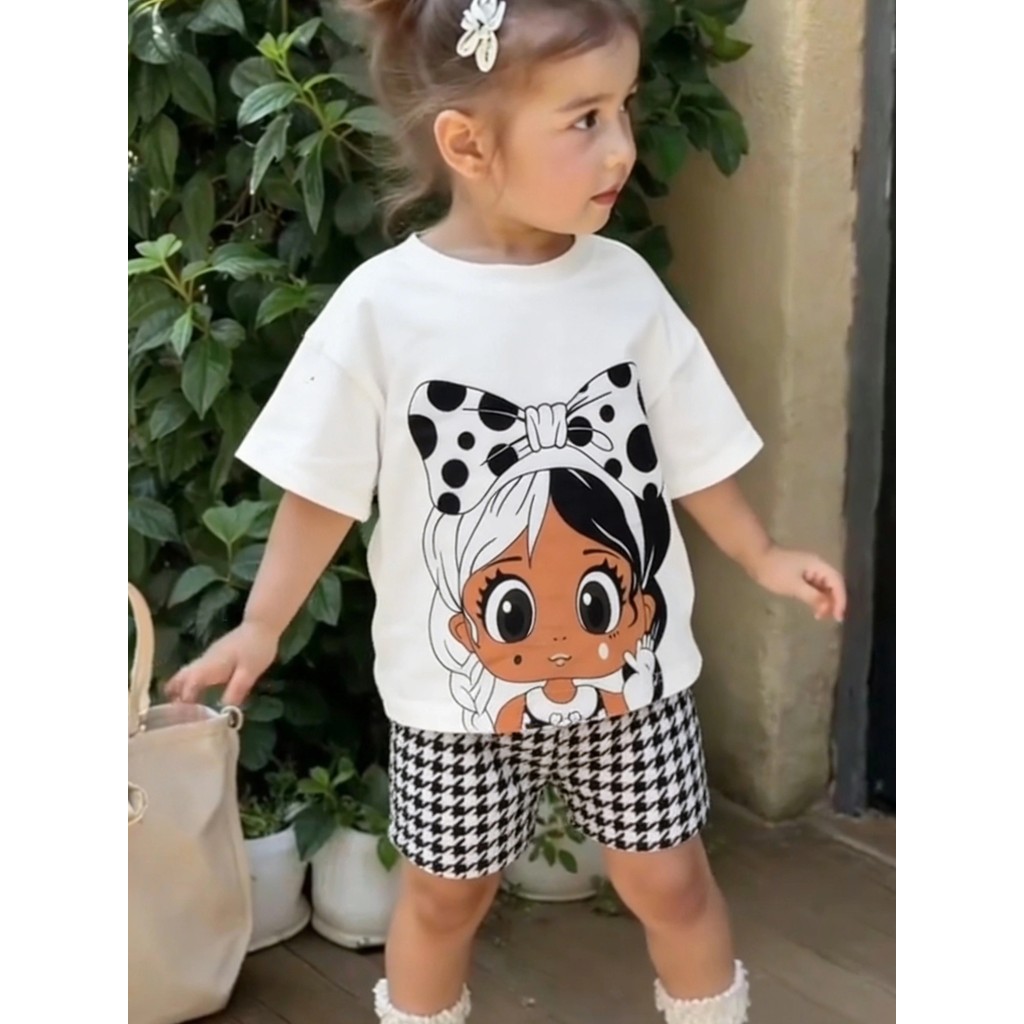 Comércio exterior INS médio pequeno crianças meninas verão dos desenhos animados meninas impresso manga curta topos xadr