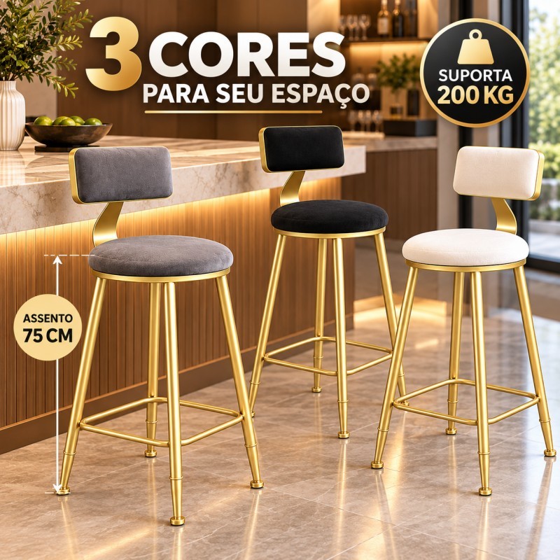 Banquetas de Bar com Encosto, Assento Estofado e Estrutura de Metal Dourado para Balcão e Home Bar