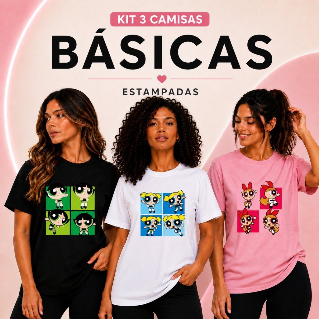 Kit 3 Camisetas Feminina Estampadas Poderosas Personagens Cartoon Algodão Academia Treino Casual