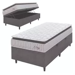 Cama Box Baú Colchão Solteiro Molas Ensacadas City Pillow Top 88x188x64cm Branco / Cinza Hellen