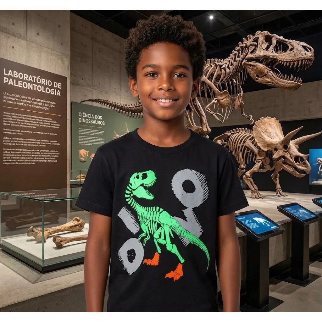 Camiseta Infantil Dinossauro Esqueleto Estampa Divertida Casual Confortável Para Meninos e Meninas Presente