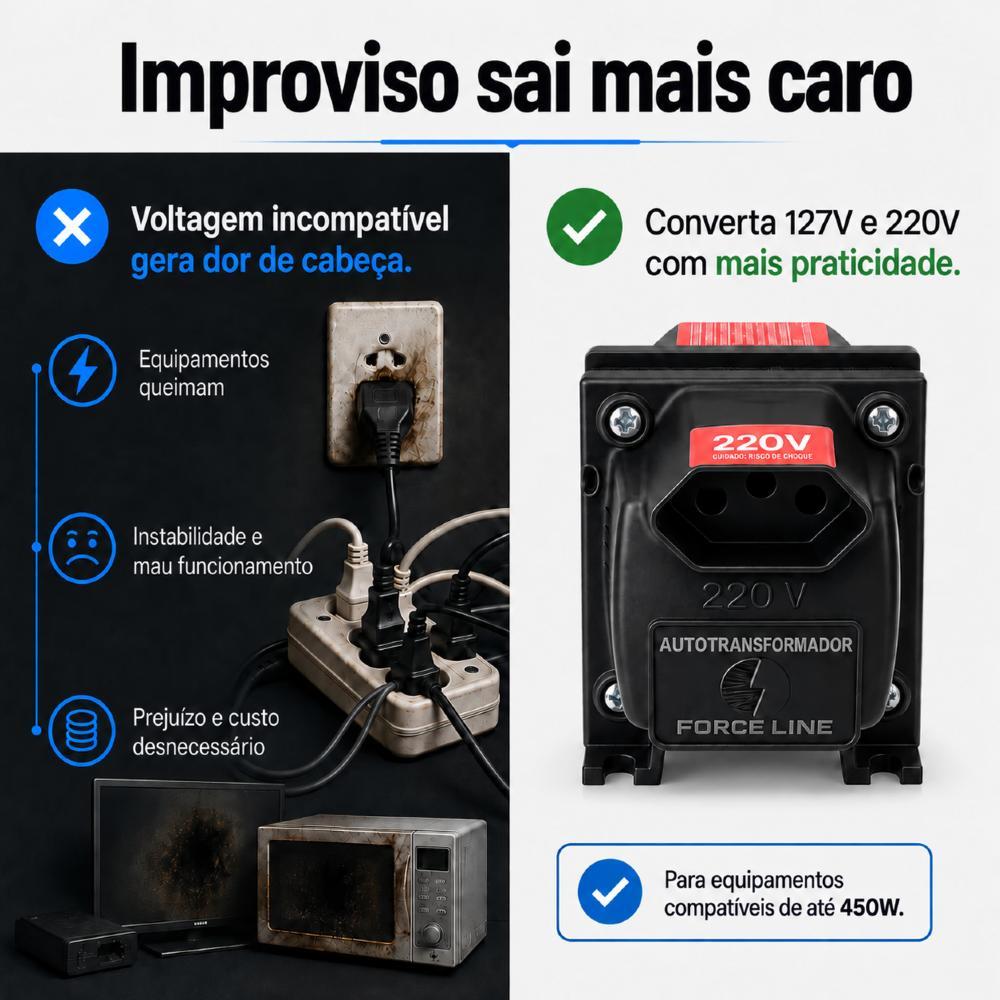Auto Transformador 1500va 450W 1 tomada Bivolt Conversor 110v e 220V Geladeira Freezer Máquina 10 amperes — imagem 2 de 2