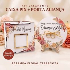 Caixa Pix Noivos com Porta Aliança Floral Terracota Kit Casamento MDF 13cm