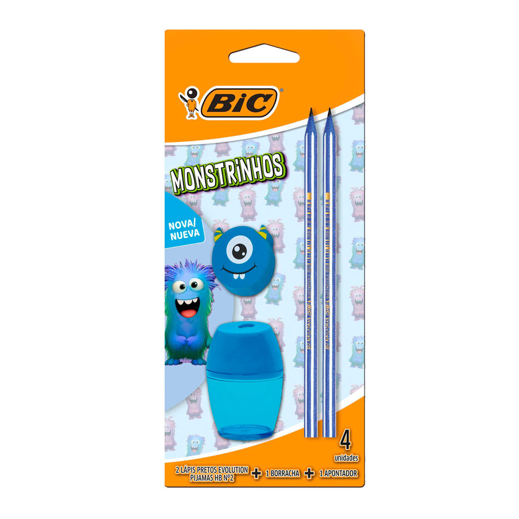 Lápis preto nr2 Monstrinho Azul com 2 lápis 1 borracha e 1 apontador Bic
