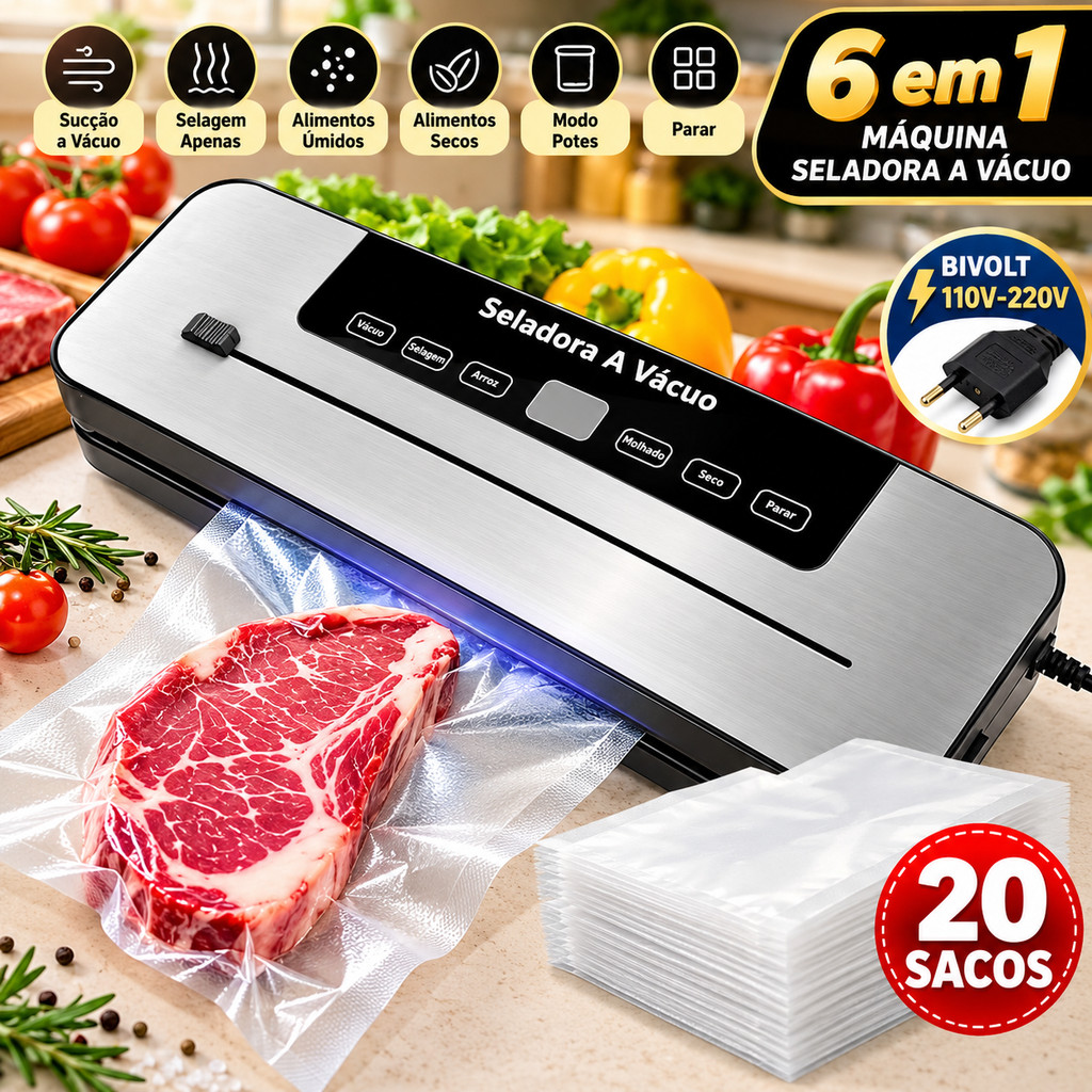 Máquina Seladora a Vácuo para Alimentos 6 Modos com 20 Sacos 30cm Selador de Embalagens para Cozinha