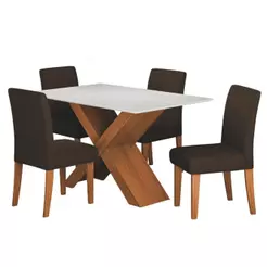 Conjunto de Mesa Sala de Jantar Tampo com Vidro 1,36m Grécia 4 Cadeiras Trieste Dobuê