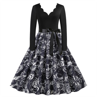 Feminino Halloween crânio impressão com decote em V flor queimada manga comprida grande balanço vestido fita grátis mead