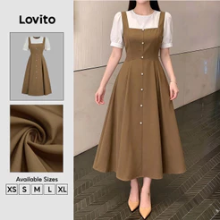 Lovito Vestido Elegante com Zíper Falso 2 em 1 e Botões Frontais Vestido Cáqui Primavera/verão para mulheres DRB201P1D006