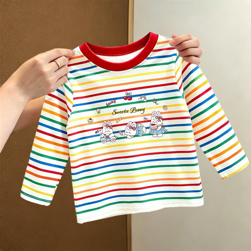 Bebê novo estilo primavera outono manga comprida camiseta meninas estilo ocidental listrado em torno do pescoço topo cri