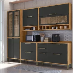 Cozinha Completa Modulada 100% MDF 5 Peças 11 Portas 4 Gavetas e Vidro 274cm Vicenza Espresso Móveis