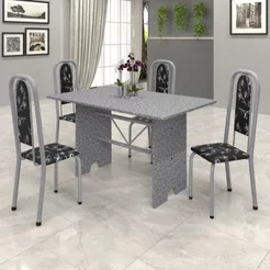 Conjunto de Mesa 120x75cm Tampo Granito com 4 Cadeiras Lavínea Cinza/Martelado Pérola/Ocre/Preto Floral Martelado