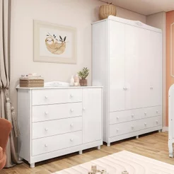 Quarto Infantil com Guarda Roupa 4 Portas e Cômoda 1 Porta 100% MDF Maya Clássico Espresso Móveis Br Branco Brilho