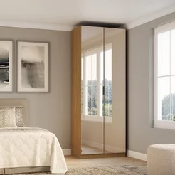 Guarda-roupa Modulado 2 Portas com Espelho Prateleiras Cabideiros sem Gavetas 90cm 100% MDF Altezza Freijó