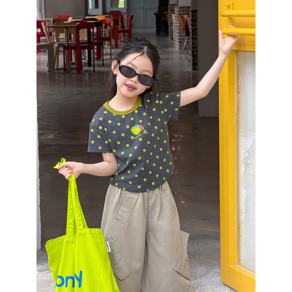 Yima crianças Retro angustiado Polka Dot impresso de manga curta verão meninas coreano Casual curto camiseta contraste c