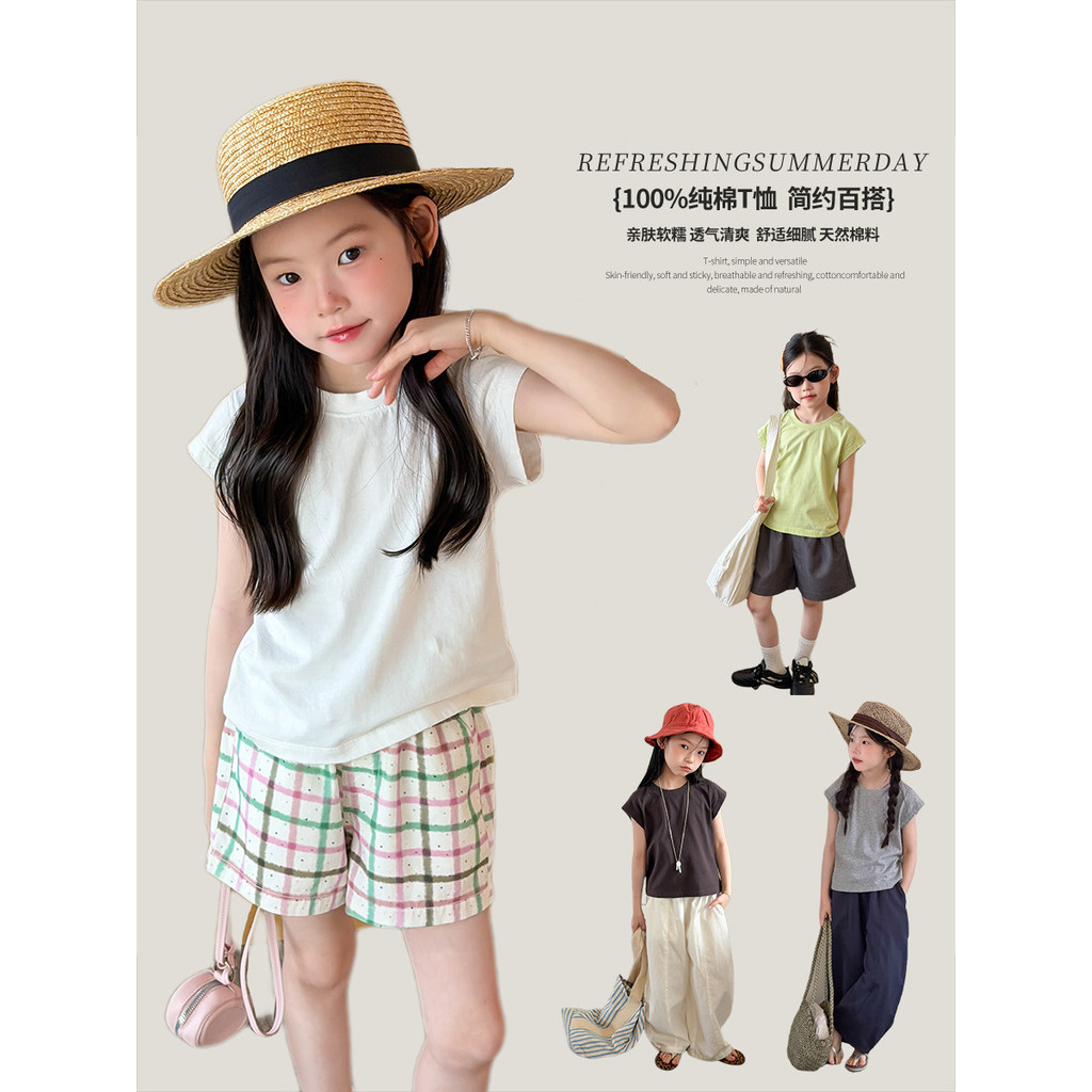 Yima meninas verão puro algodão em torno do pescoço simples camiseta crianças Casual cor sólida estilo ocidental pequena