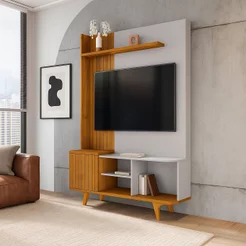 Estante para TV e Home Theater até 55 Polegadas 136CMX192,5cm Pés em Madeira Maciça Corumbaú Marrom Naturalle/Off