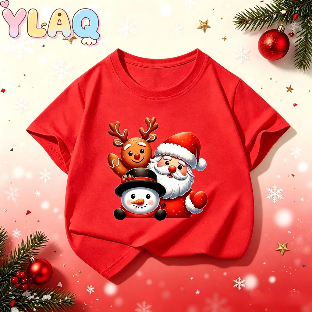 Natal Santa Rena Boneco De Neve Impressão Crianças Camiseta Meninos Meninas Bonito Manga Curta Tripulação Pescoço Topo