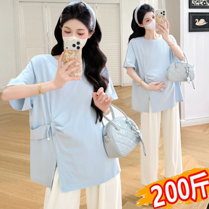 Tamanho grande gordura MM roupa de maternidade topo verão novo estilo fino manga curta divisão camiseta feminina All-Mat