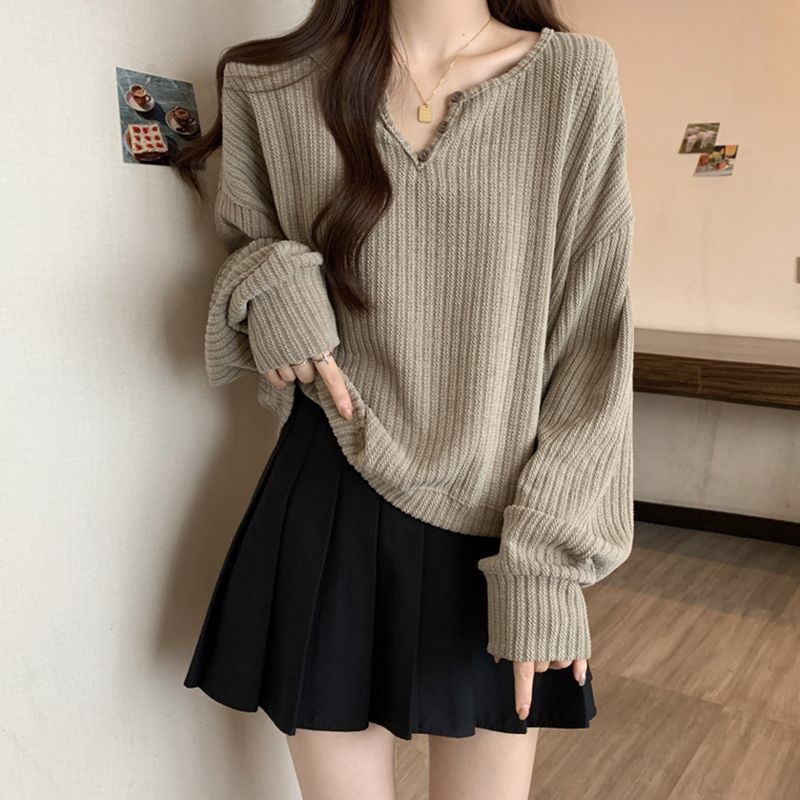 Camisa de fundo com rosca listrada com decote em V, camiseta feminina primavera outono inverno interior novo estilo solt