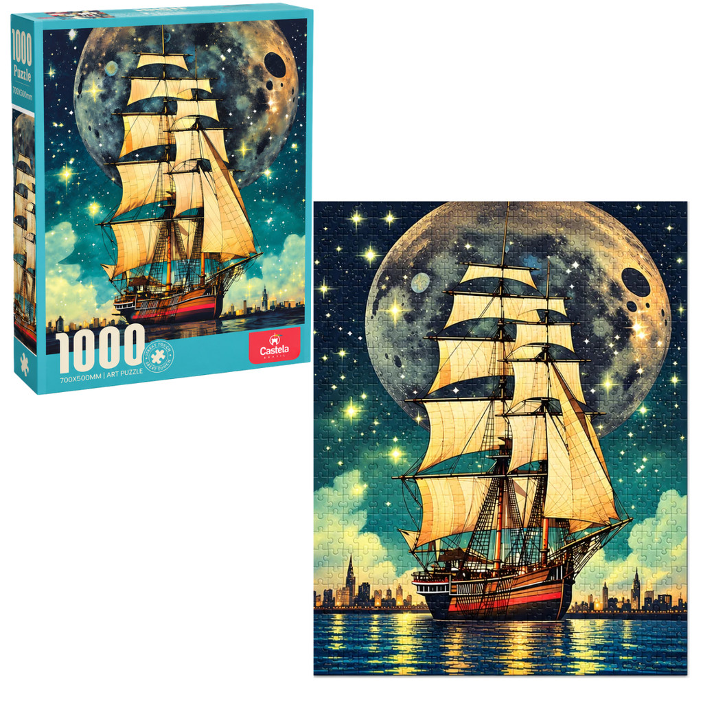 Quebra Cabeça Art Puzzle Premium 1000 Peças Navio a Vela Lua Estrelada Textura Sedosa 70x50cm Castela