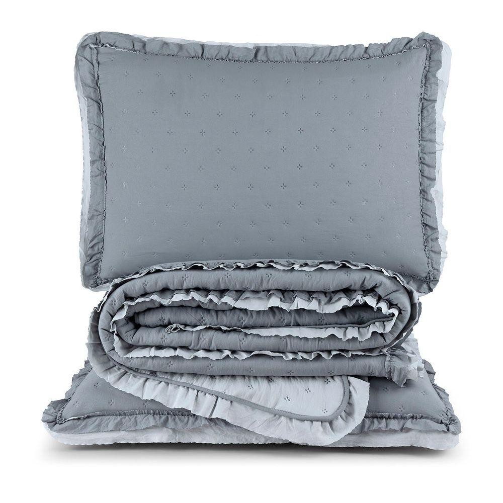 Kit Cobre Leito Colcha Vitta Casal Padrão Matelado C/ Babadinhos 200 Fios 3 Peças Cinza - 100% Poliéster