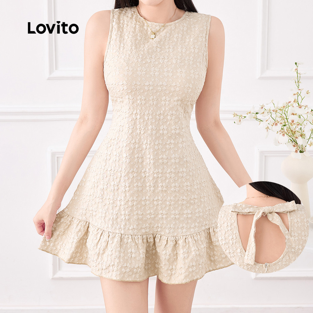 Lovito Vestido Casual de Renda com Amarração Textura Barra Irregular Primavera/verão Bege Claro Para Mulheres L155AD369 em Oferta na Shopee