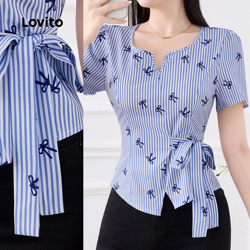 Blusa Social Feminina Lovito Casual com Laço Na Frente Para Primavera/verão Blusa L155ED460