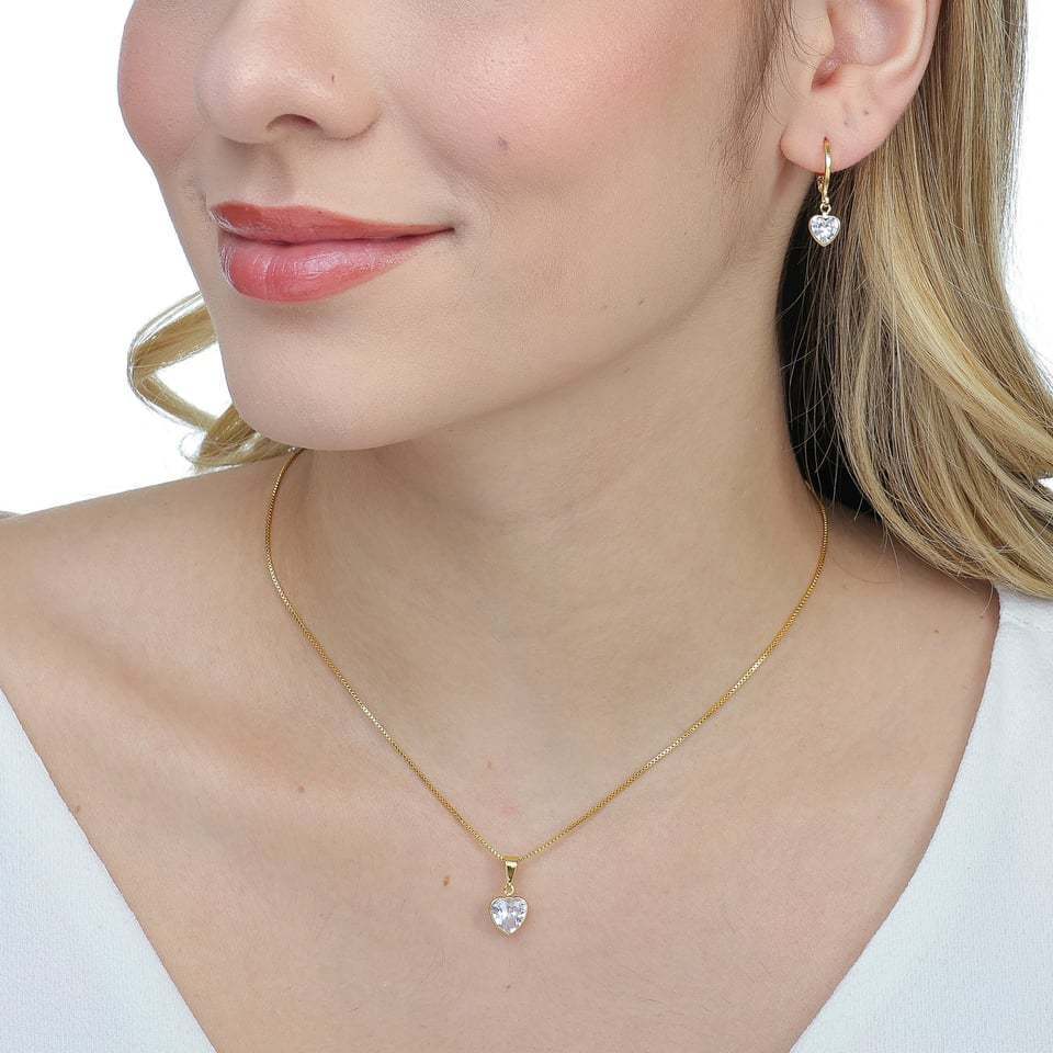 Kit Semijoia Colar e Brinco Coração Dourado Delicado com Pedra Zirconia Folheado a Ouro 18k